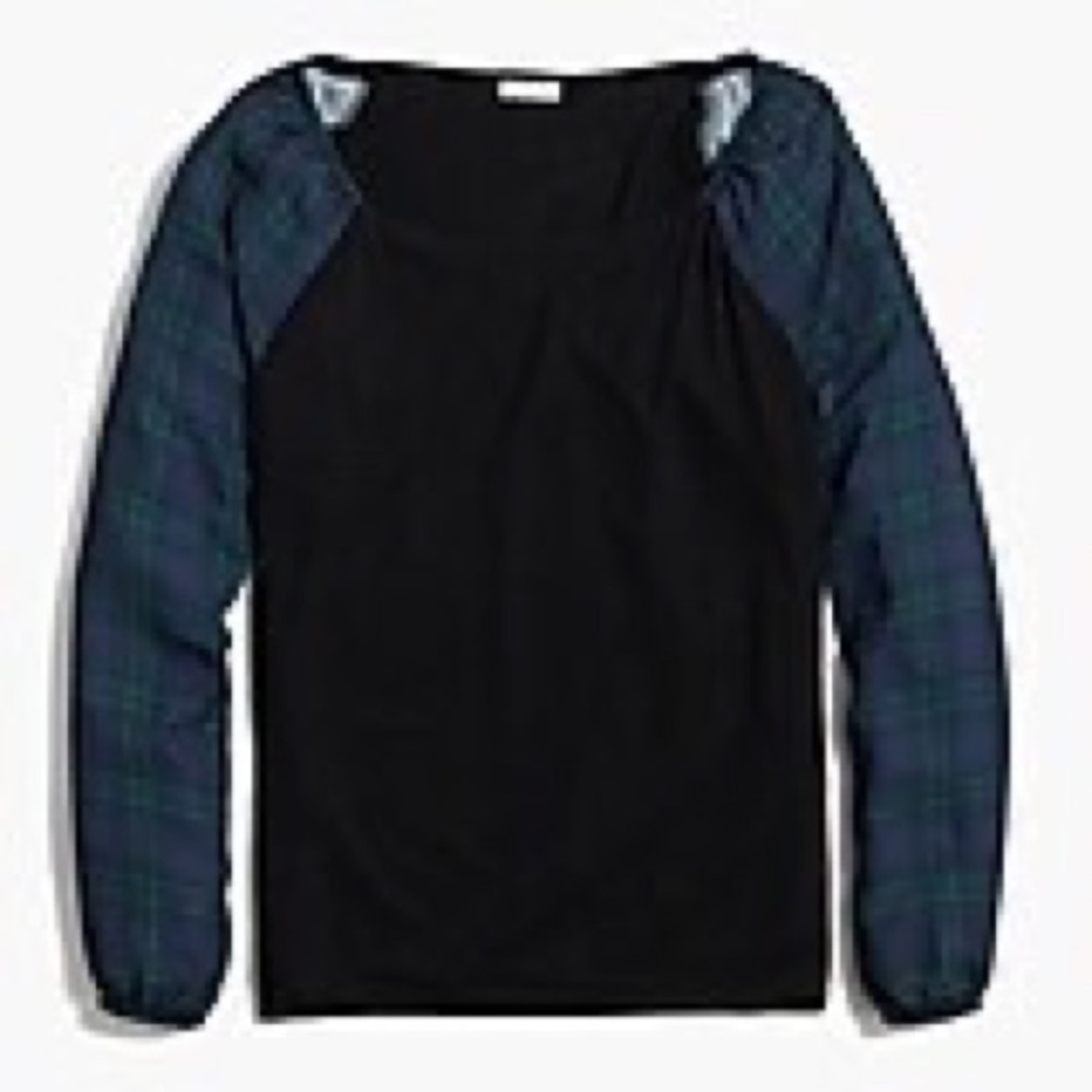 J Crew Factory black top tartan plaid sleeves Sz M